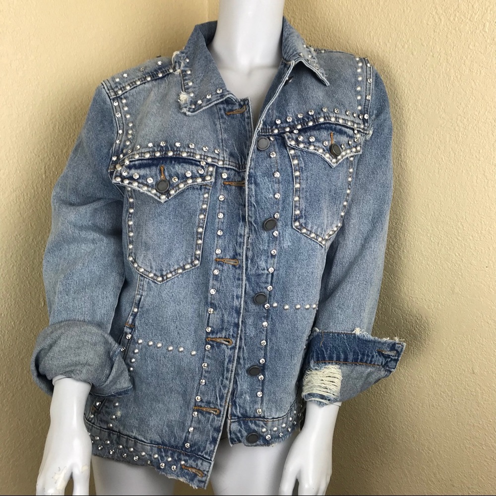 Blank NYC rhinestone stud distressed denim jacket